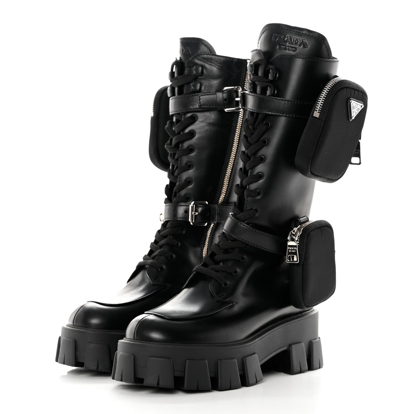 Vitello Lux Nylon Metal Triangle Logo Monolith Pouch Pocket 55mm Tall Combat Boots 36 Black