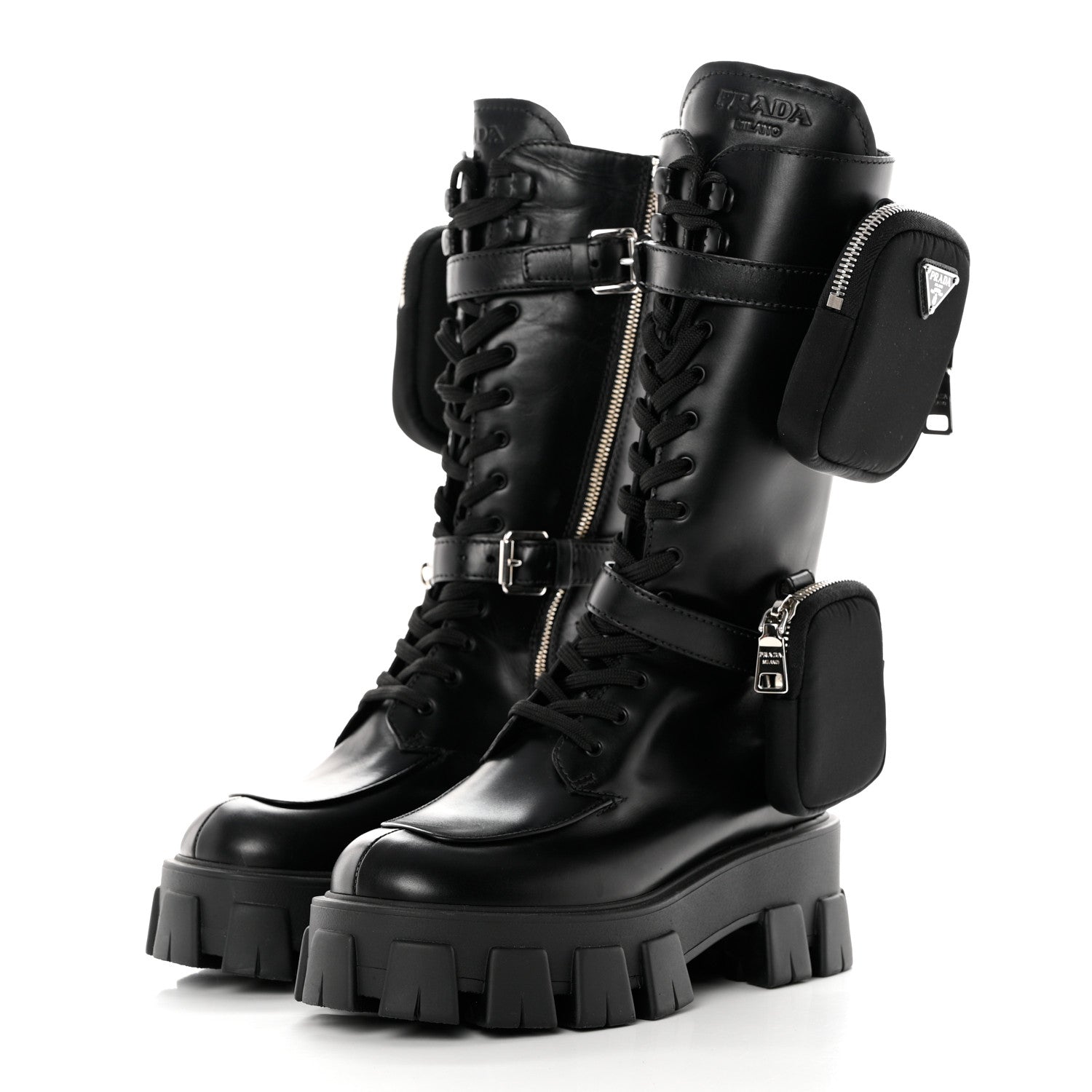 Prada Vitello Lux Nylon Metal Triangle Logo Monolith Pouch Pocket 55mm Tall Combat Boots 36 Black 3 of 13