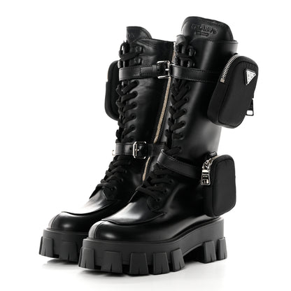 Prada Vitello Lux Nylon Metal Triangle Logo Monolith Pouch Pocket 55mm Tall Combat Boots 36 Black 3 of 13