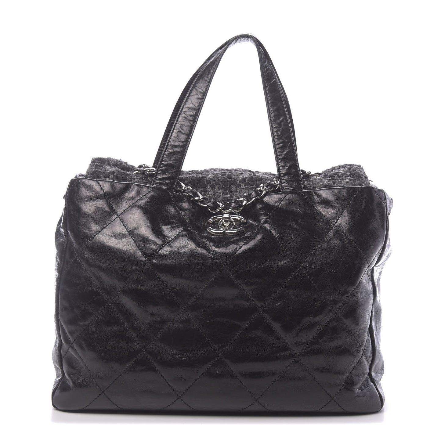 Glazed Calfskin Quilted Tweed Portobello Tote Black