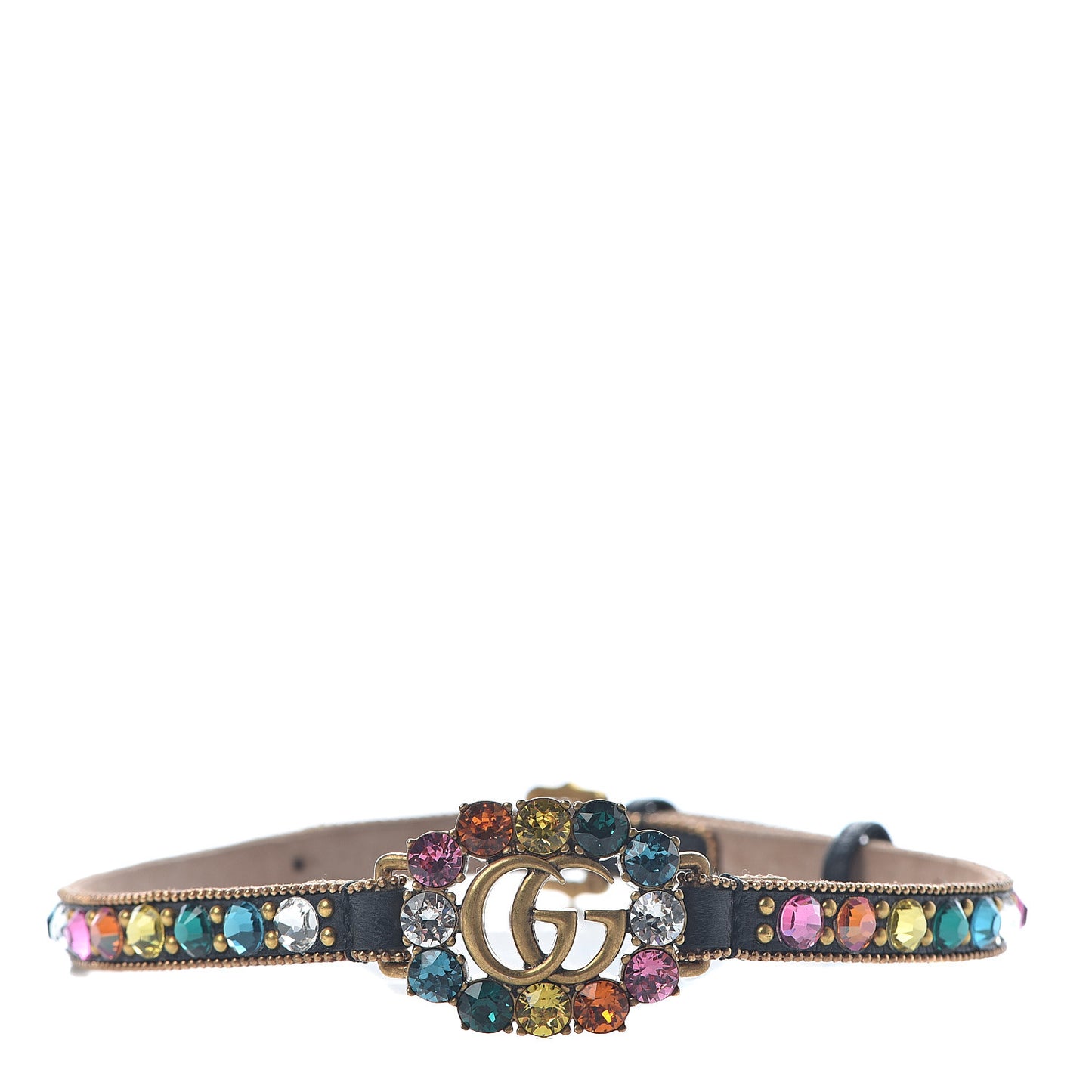Calfskin Crystal Embellished Double G Choker Necklace Multicolor