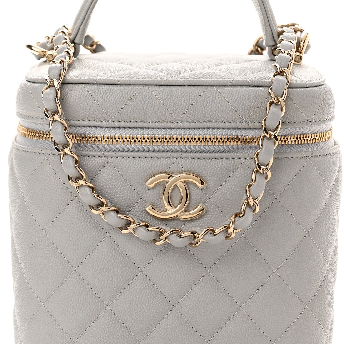 Caviar Quilted Small Top Handle Vanity Case With Chain Grey