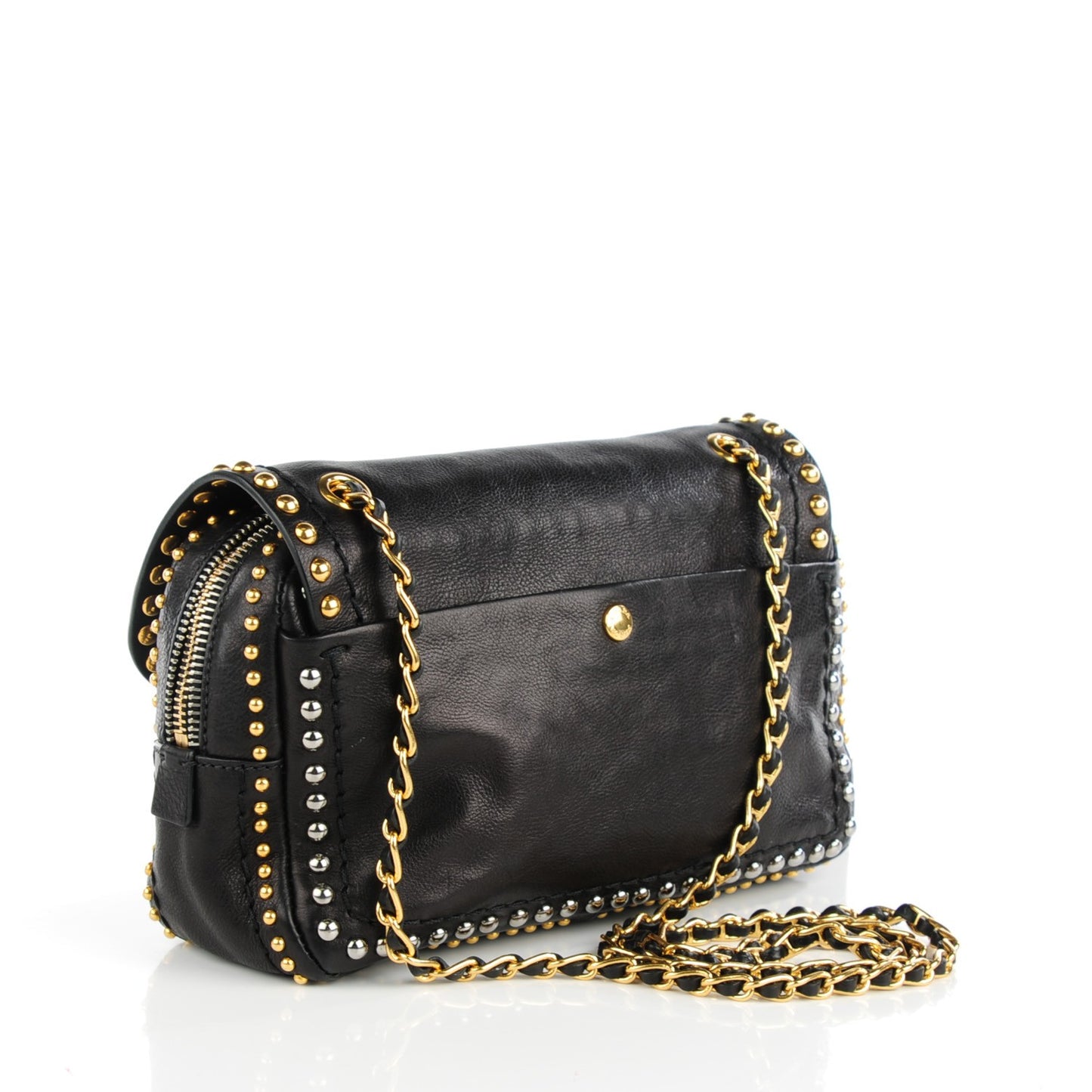 Glace Calf Studded Pushlock Chain Shoulder Bag Black