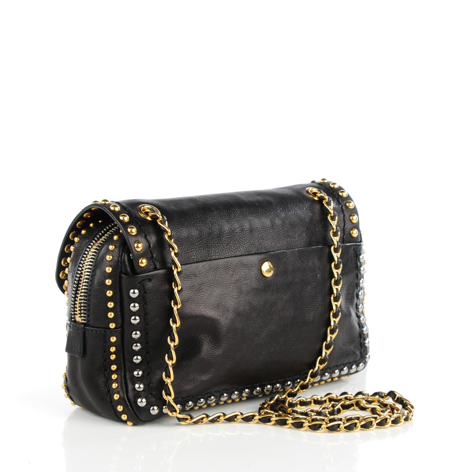 Prada Glace Calf Studded Pushlock Chain Shoulder Bag Black 3 of 7