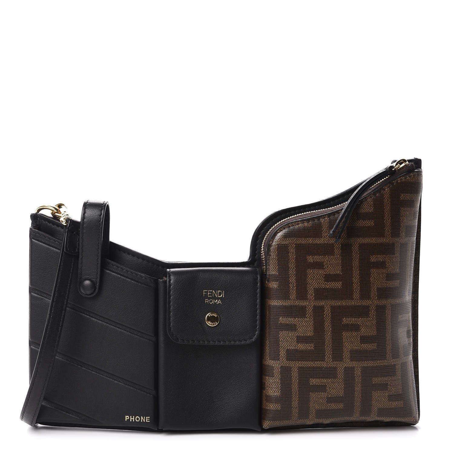 Fendi Vitello Grace Glazed Fabric FF 1974 3 Pocket Mini Crossbody Bag Black Mogano Panna 1 of 9