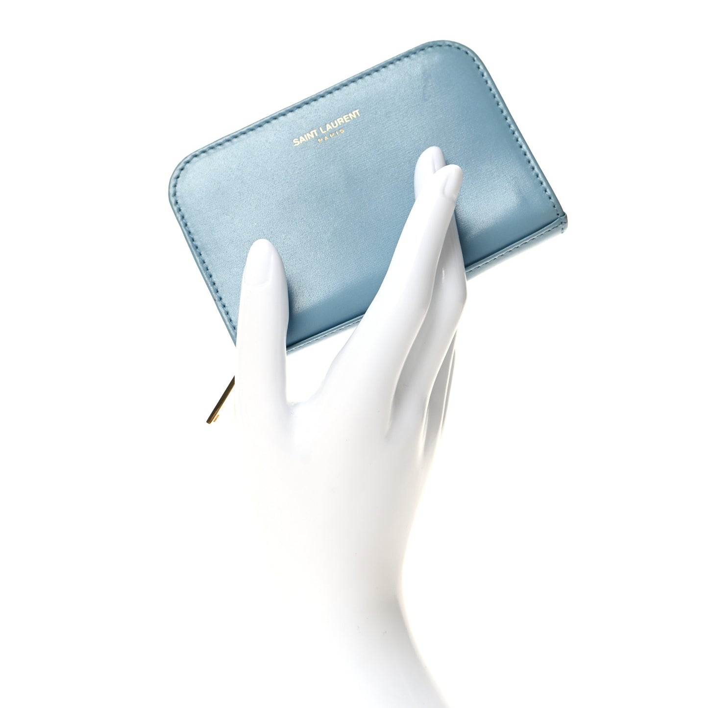 SAINT LAURENT Grained Calfskin Rive Gauche Compact Zip Around Wallet Blue