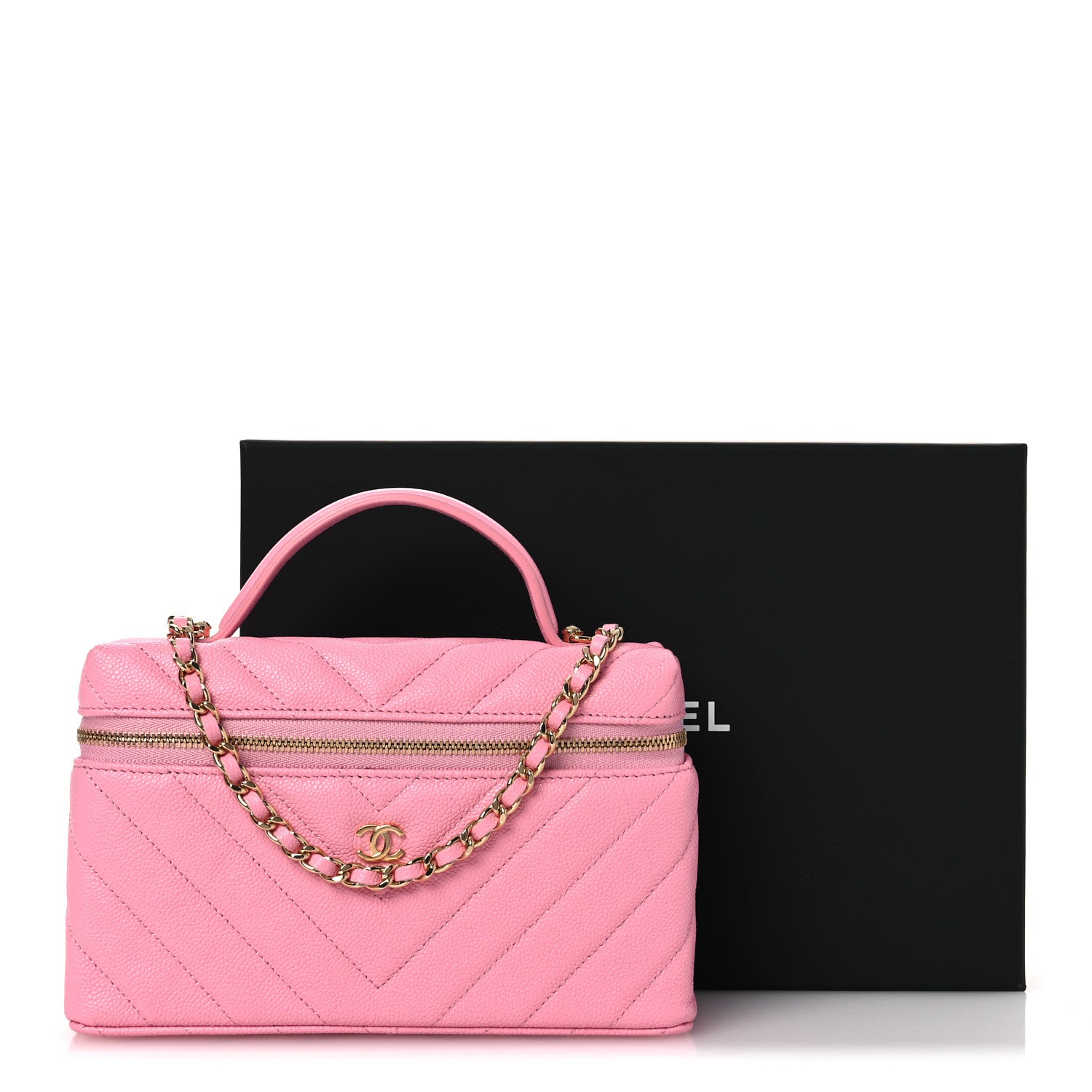 Chanel Shiny Caviar Quilted Sleek Chevron Vanity With Chain Rose 12 of 12