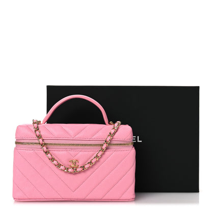 Chanel Shiny Caviar Quilted Sleek Chevron Vanity With Chain Rose 12 of 12