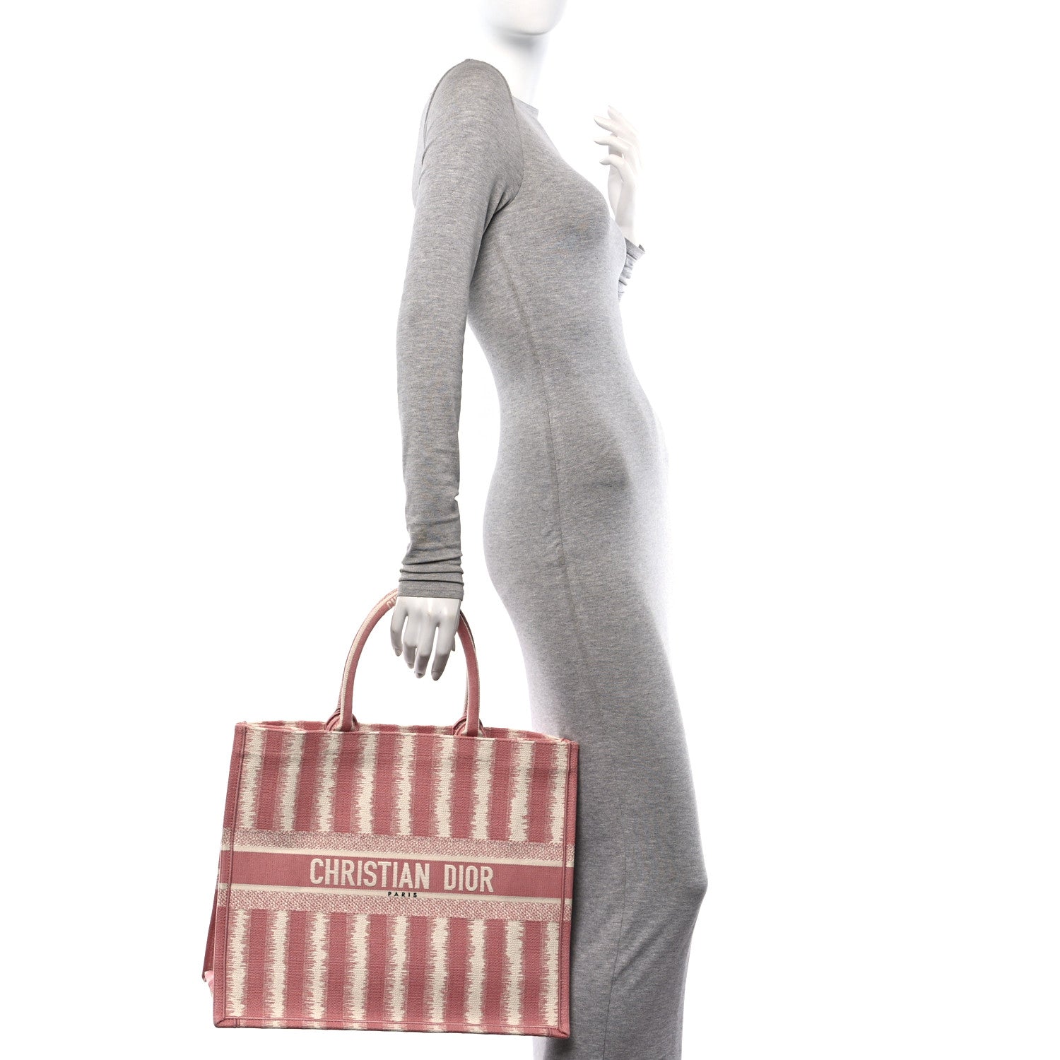 Christian Dior Canvas Embroidered Large Striped Book Tote Pink 2 of 10