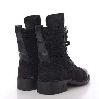 Chanel Suede Quilted CC Lace Up Combat Boots 41.5 Black 4 of 11