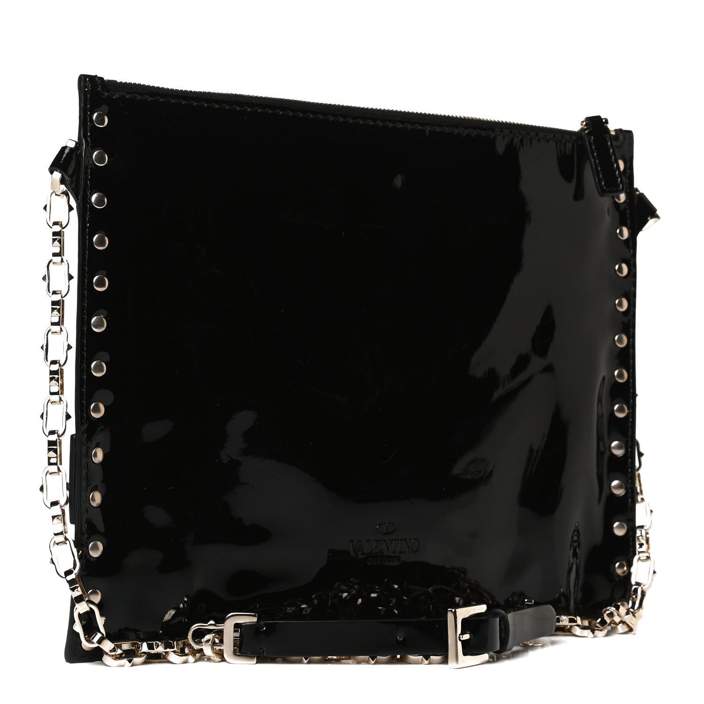 Patent Calfskin Rockstud Crossbody Pouch Bag Black