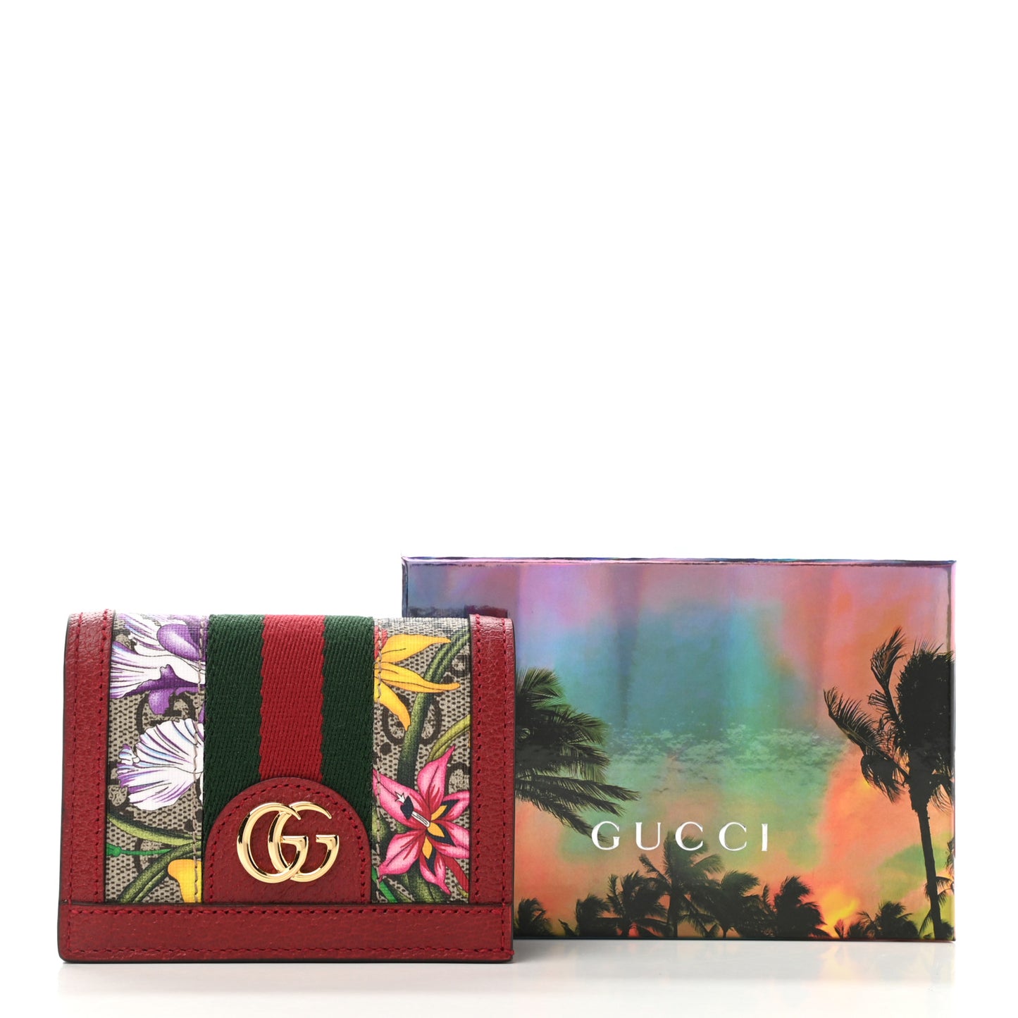 GG Supreme Monogram Flora Web Ophidia Card Case Red
