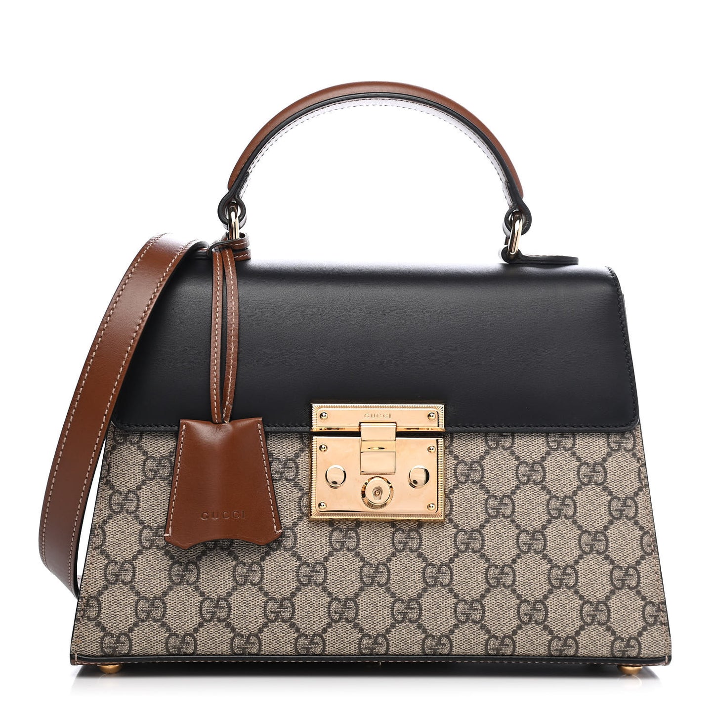 GG Supreme Monogram Calfskin Small Padlock Top Handle Bag Beige Black Cuir