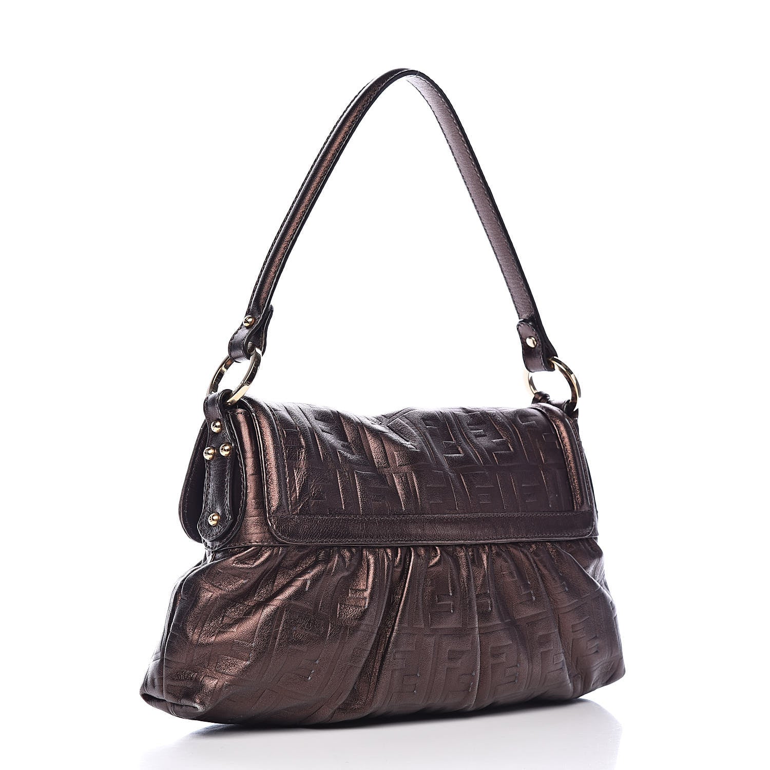 Fendi Metallic Calfskin FF Embossed Small Chef Shoulder Bag Bronze 3 of 12