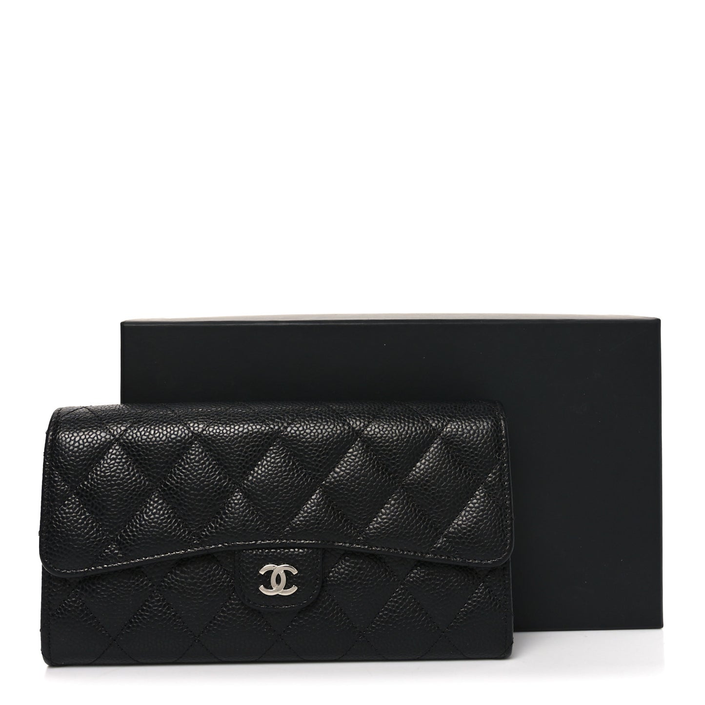 Caviar Quilted Large Gusset Flap Wallet Black