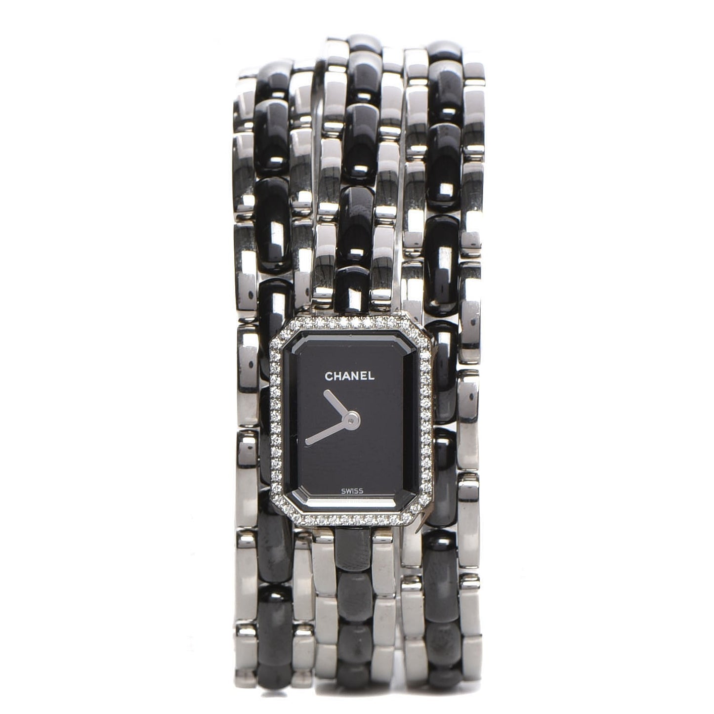 Stainless Steel Ceramic Diamond Bezel 16mm Premiere Triple Row Quartz Watch Black