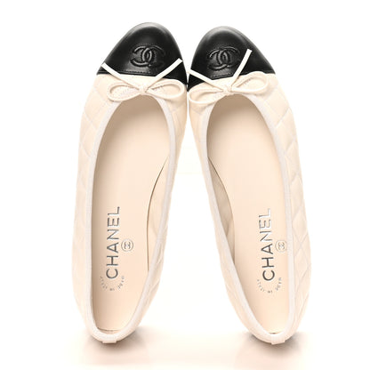 Chanel Lambskin Quilted CC Cap Toe Ballerina Flats 37.5 White Black 2 of 10