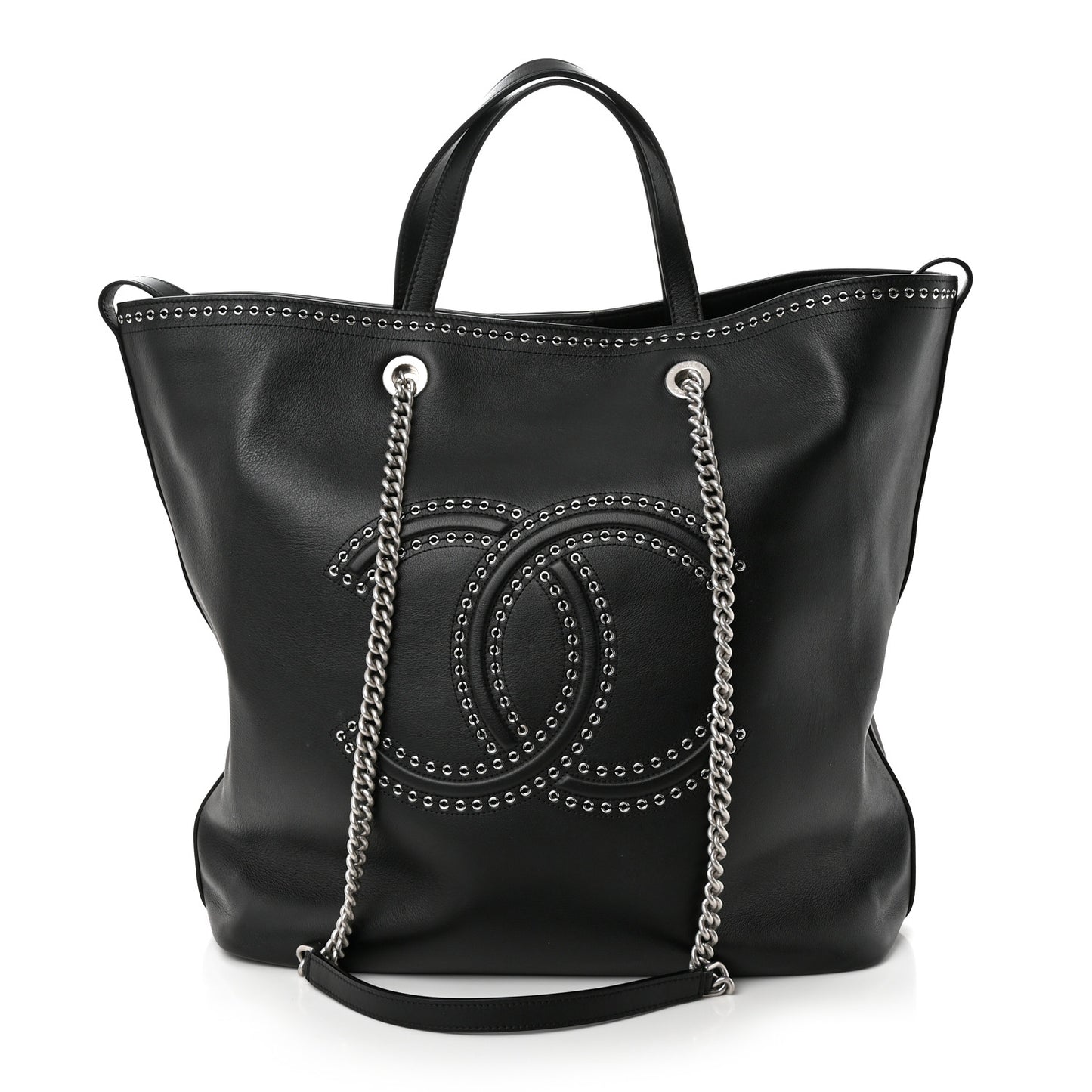 Grained Calfskin Large Coco Eyelets Shopping Tote Black