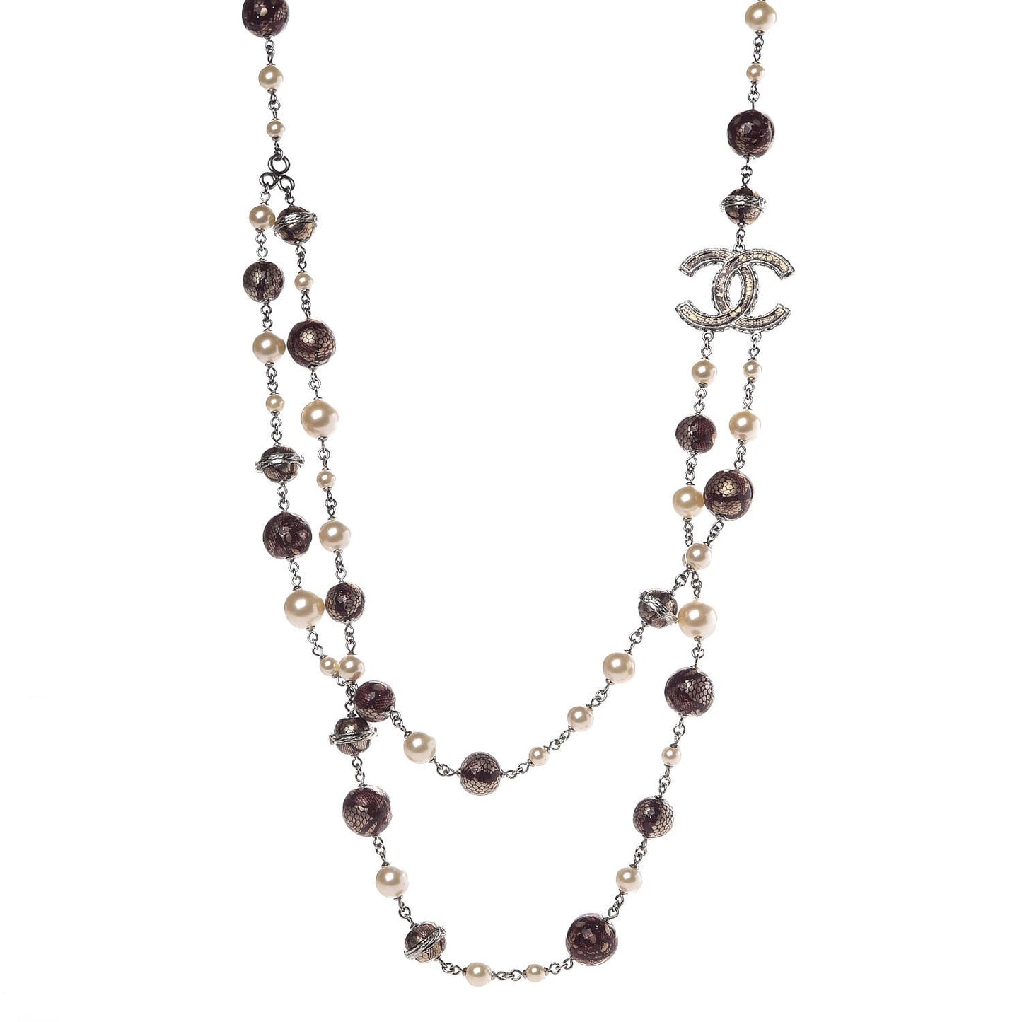 Pearl Bead Lace Print CC Long Necklace Silver Burgundy