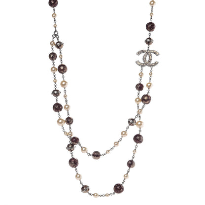 Chanel Pearl Bead Lace Print CC Long Necklace Silver Burgundy 1 of 5