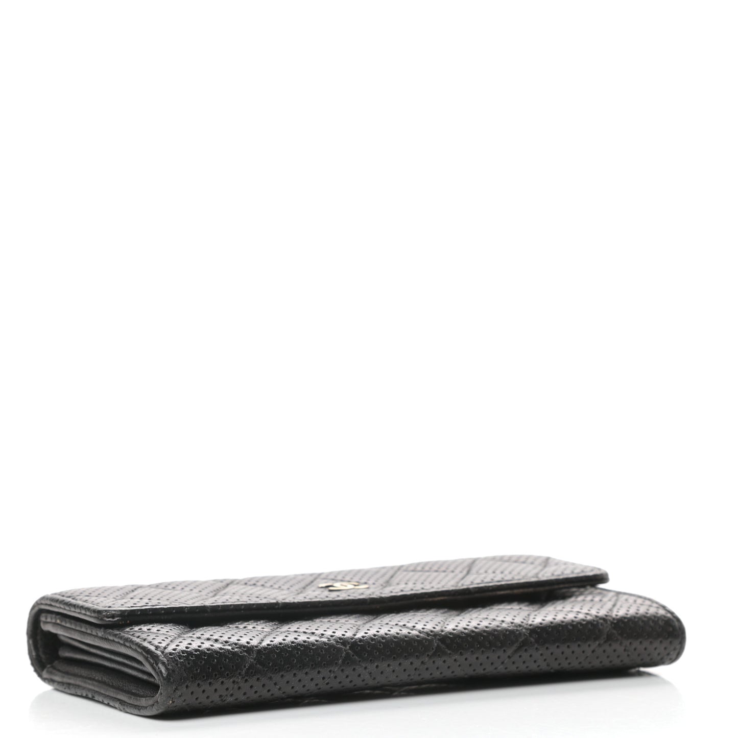 Perforated Lambskin Quilted Large Gusset Flap Wallet Black