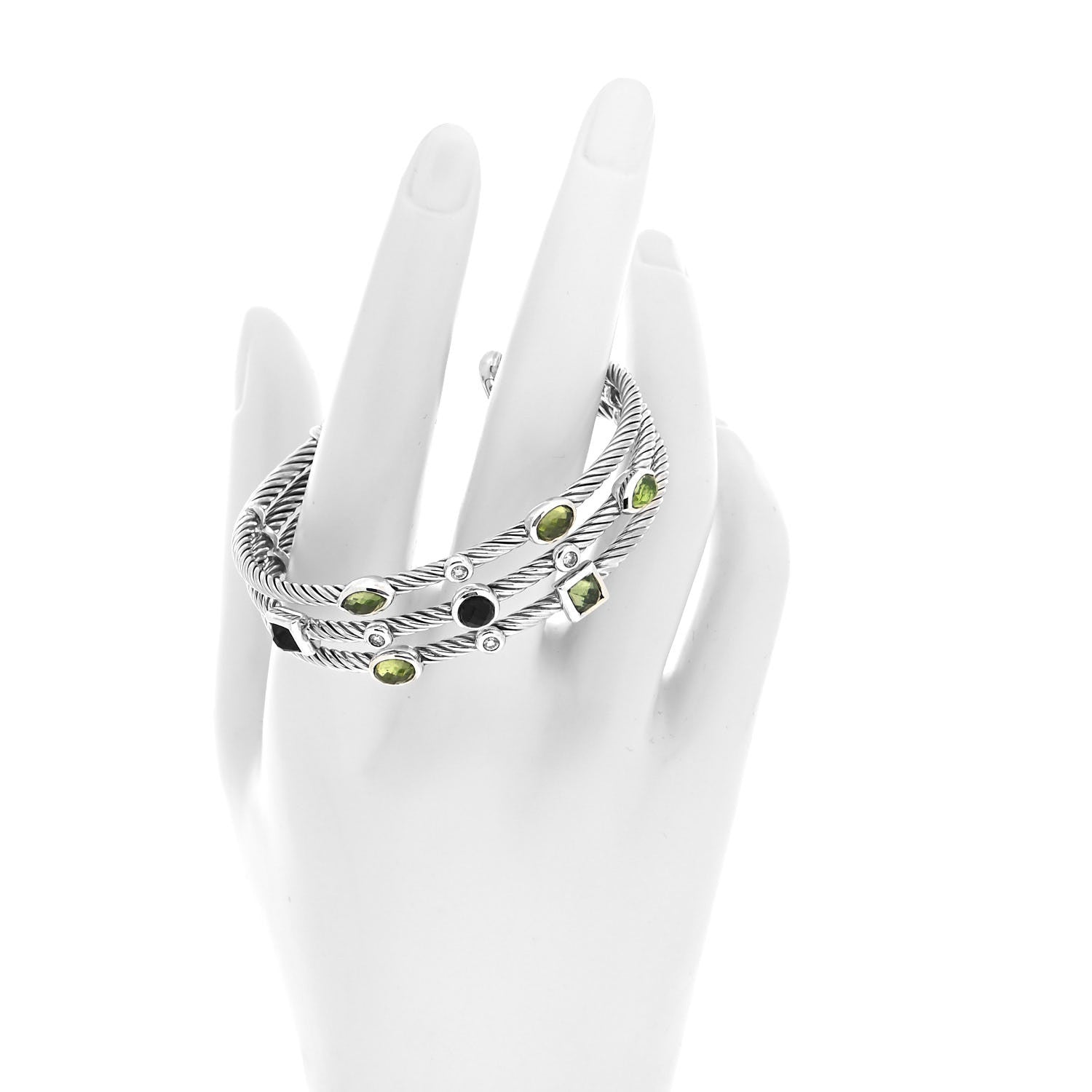 David Yurman Sterling Silver Diamond Peridot Green Tourmaline Three Row Confetti Cuff Bracelet 2 of 4
