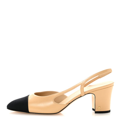 Chanel Goatskin Grosgrain Cap Toe CC Slingback Pumps 41 Beige Black 1 of 10
