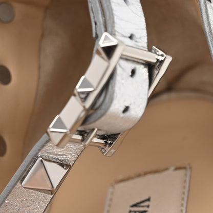 Valentino Garavani Metallic Grained Calfskin Rockstud Crisscross Ankle Strap Espadrille Wedge Sandals 39 Silver 10 of 11
