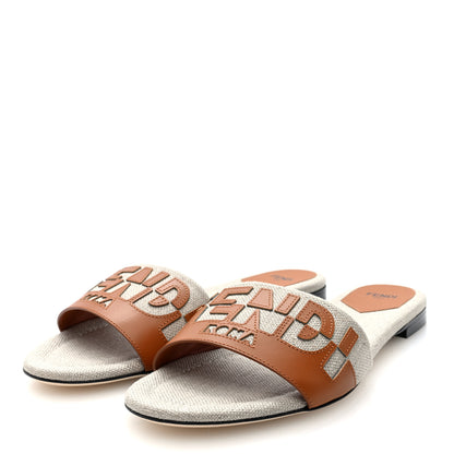 Fendi Vitello Canvas Signature Flat Slide Sandals 40 Cuoio Grezzo 4 of 8