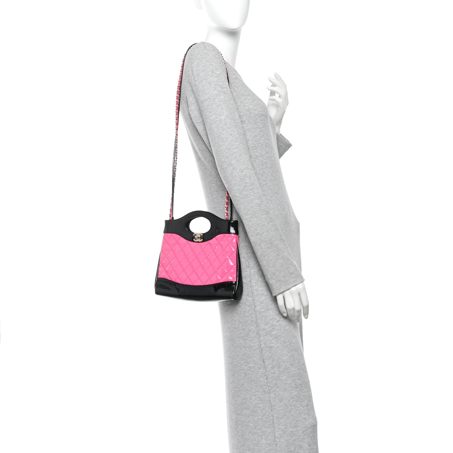 Chanel Patent Calfskin Quilted Mini 31 Shopping Bag Pink Black