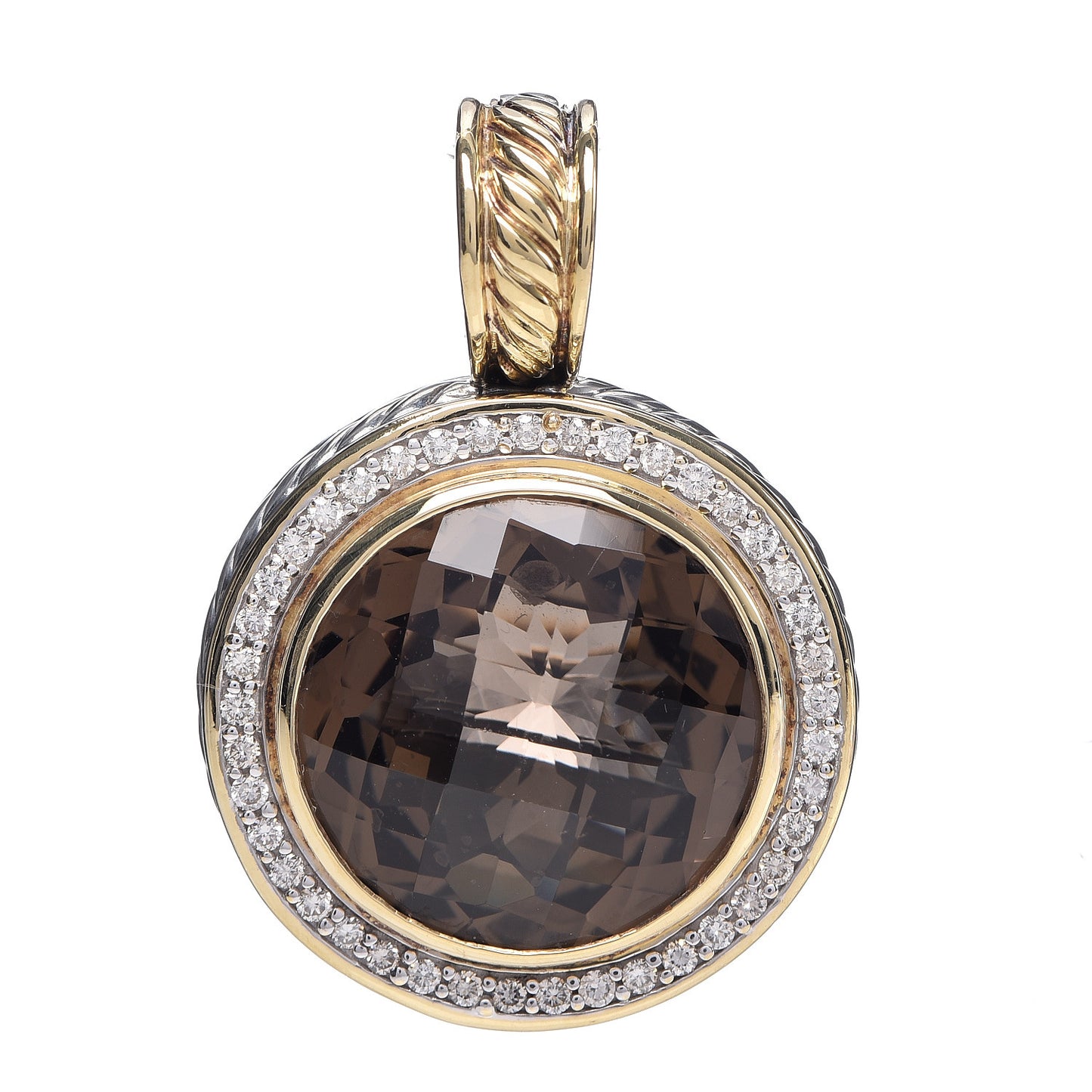 Sterling Silver 18K Yellow Gold Diamond Smoky Quartz 18mm Albion Round Enhancer Pendant