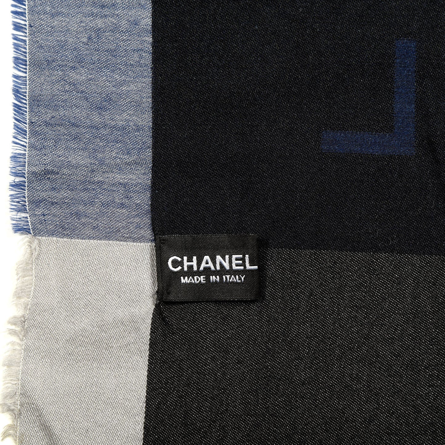 Silk Cashmere Camellia Fringe Scarf Navy Blue Black