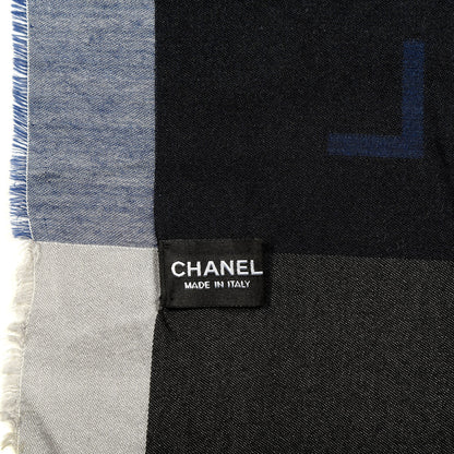 Chanel Silk Cashmere Camellia Fringe Scarf Navy Blue Black 4 of 4