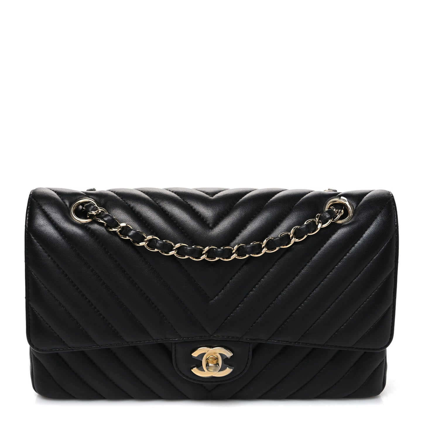 Lambskin Chevron Quilted Medium Double Flap Black