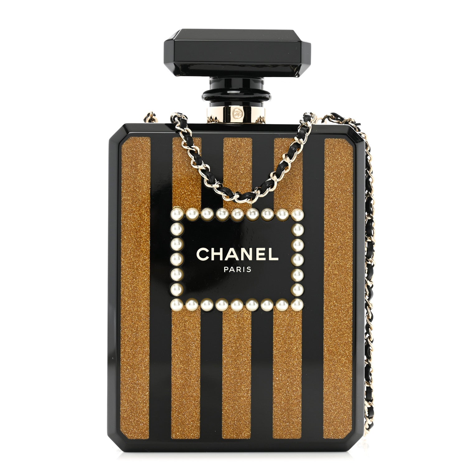 Chanel Plexiglass Perfume Bottle Clutch Black Gold 1 of 11