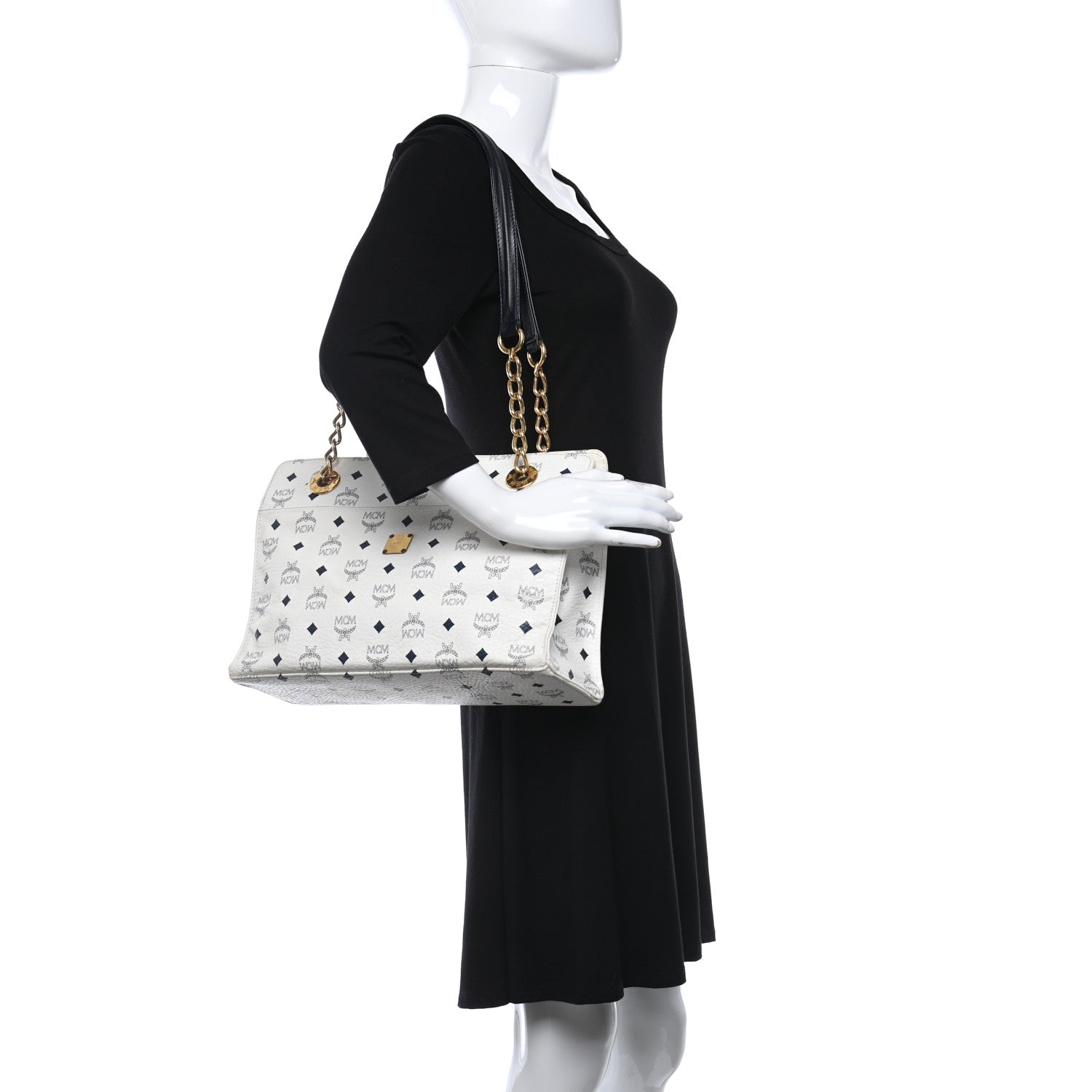 MCM Lambskin Coated Canvas Monogram Chain Tote White 2 of 15