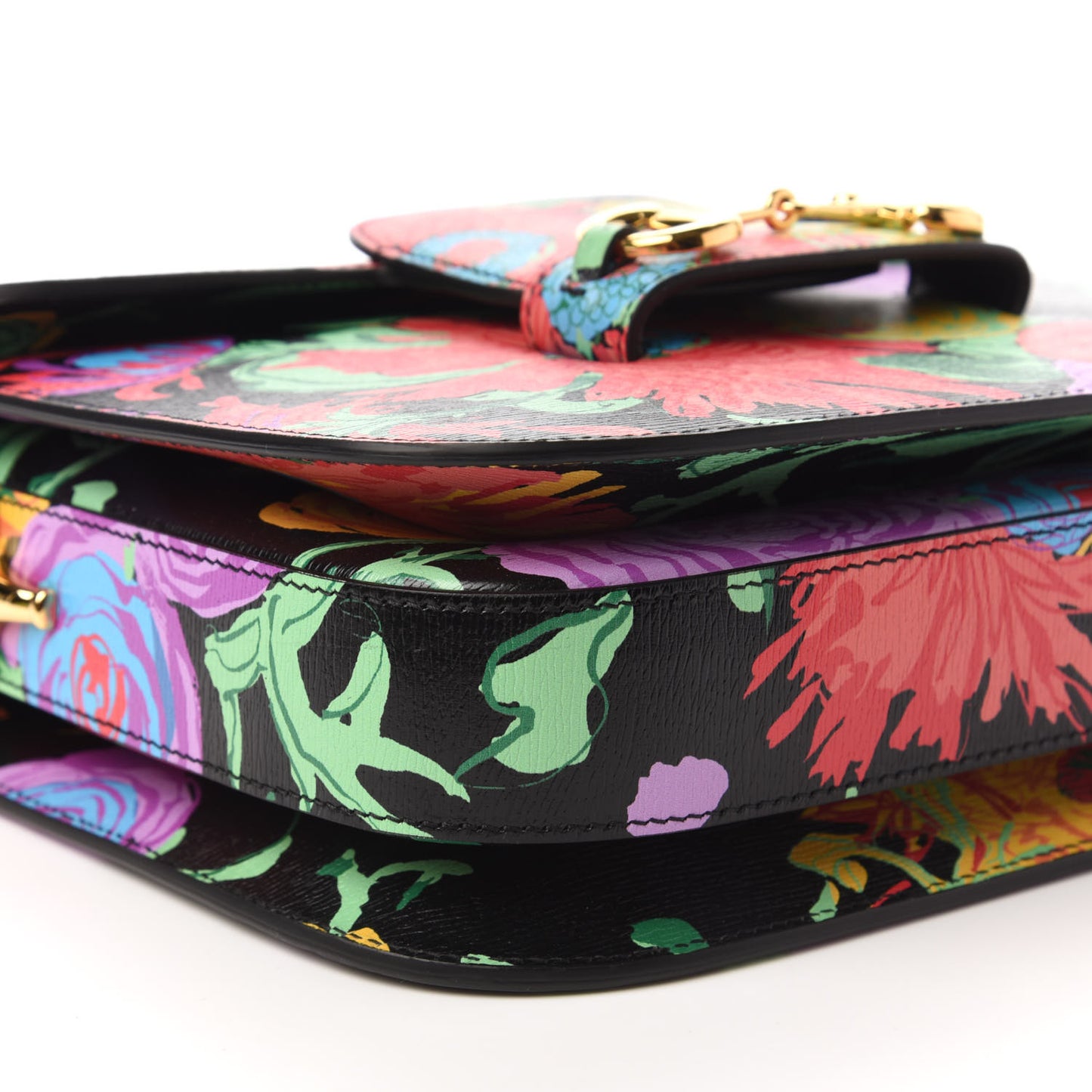 X KEN SCOTT New Shangai Calfskin Jenny Floral Print Horsebit 1955 Shoulder Bag Black Pink