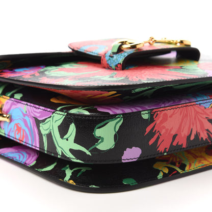 Gucci X KEN SCOTT New Shangai Calfskin Jenny Floral Print Horsebit 1955 Shoulder Bag Black Pink 6 of 11