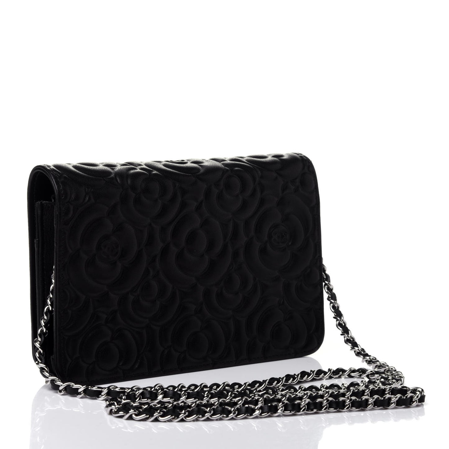 Lambskin Camellia Embossed Wallet on Chain WOC Black
