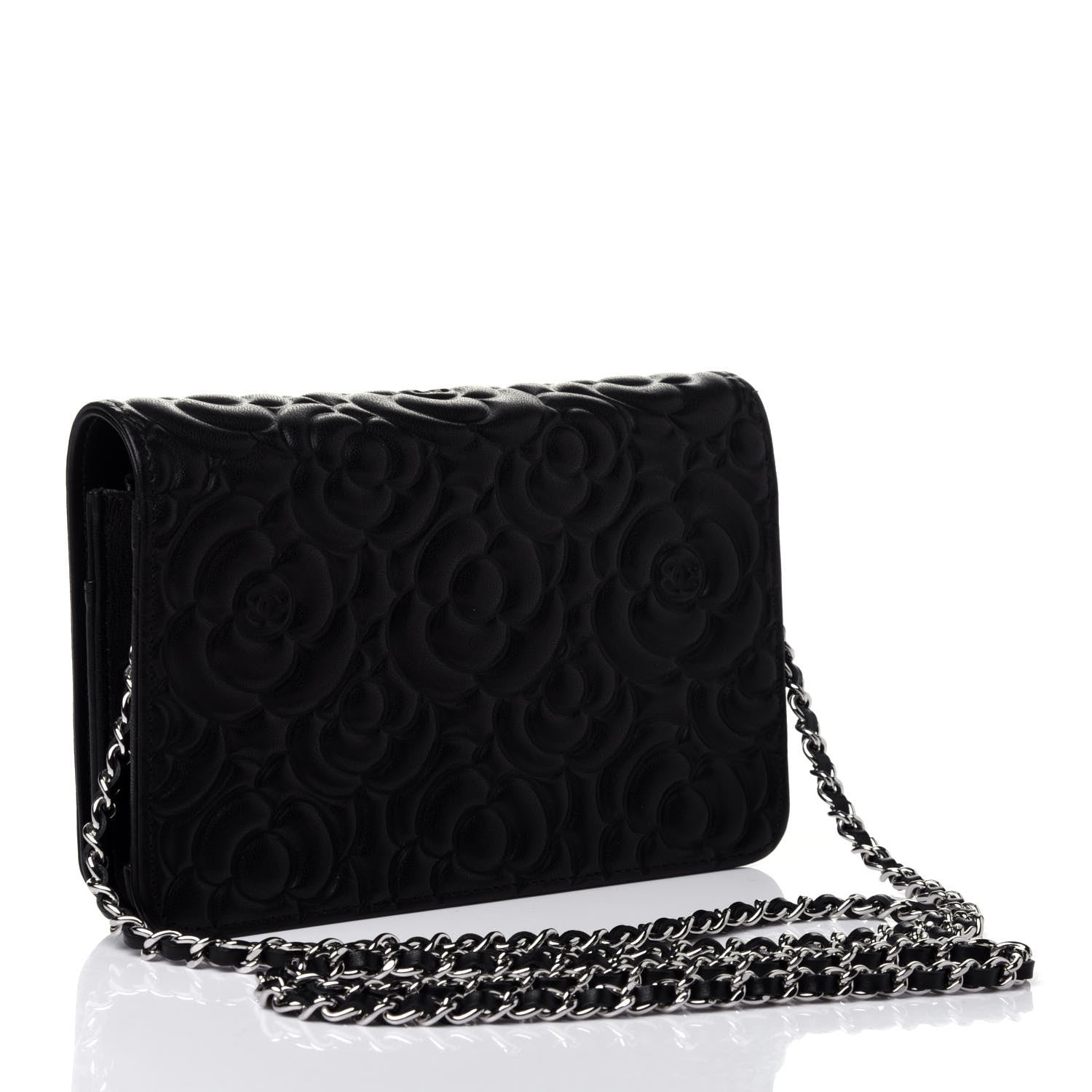 Chanel Lambskin Camellia Embossed Wallet on Chain WOC Black 2 of 4