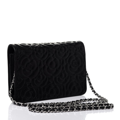Chanel Lambskin Camellia Embossed Wallet on Chain WOC Black 2 of 4