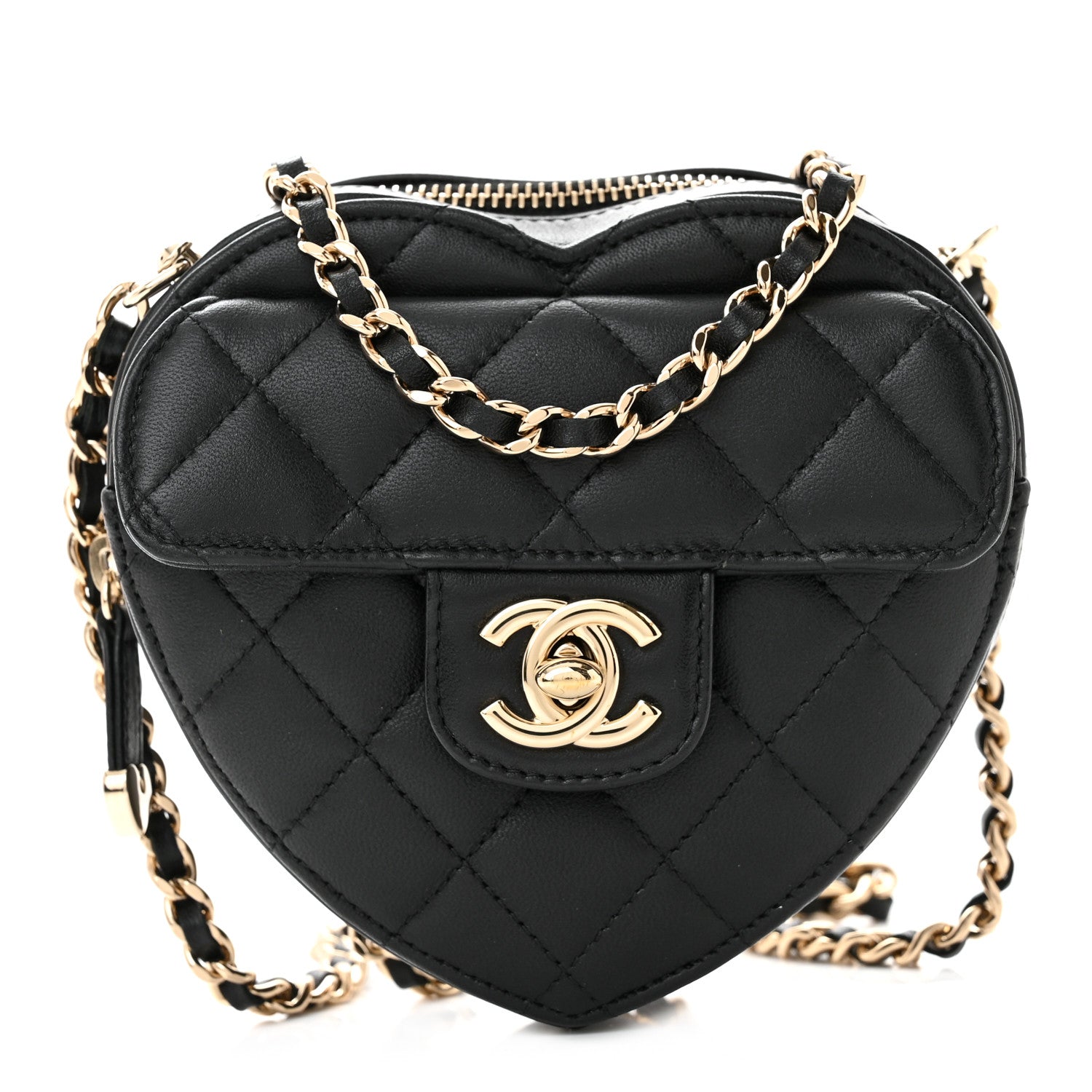 Chanel Lambskin Quilted CC In Love Heart Clutch With Chain Black 1 of 11