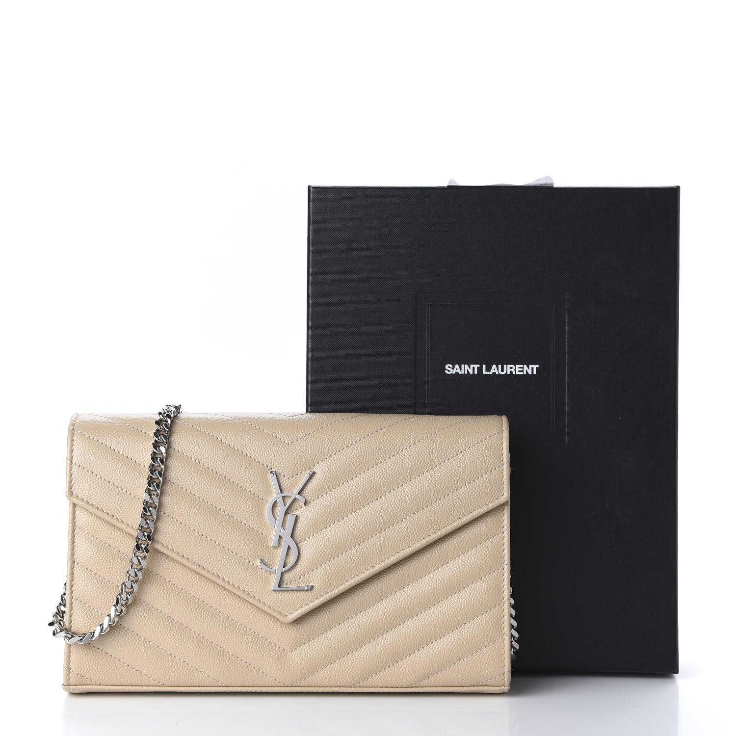 Saint Laurent Grain De Poudre Matelasse Chevron Monogram Chain Wallet Nude Powder 10 of 10