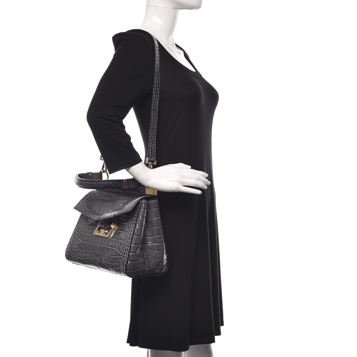 Calfskin Crocodile Embossed Small Mystic Shoulder Bag Storm Grey