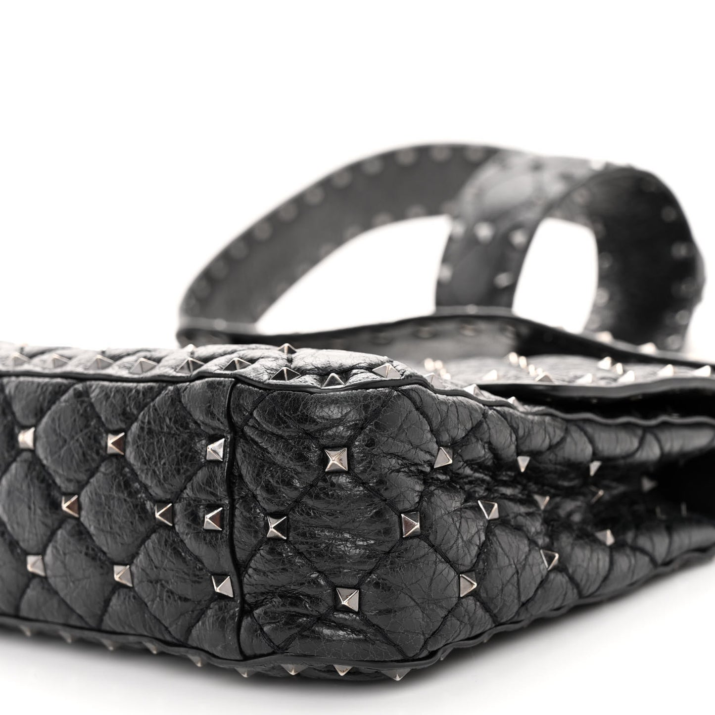 Craquele Nappa Medium Rockstud Spike Shoulder Bag Black