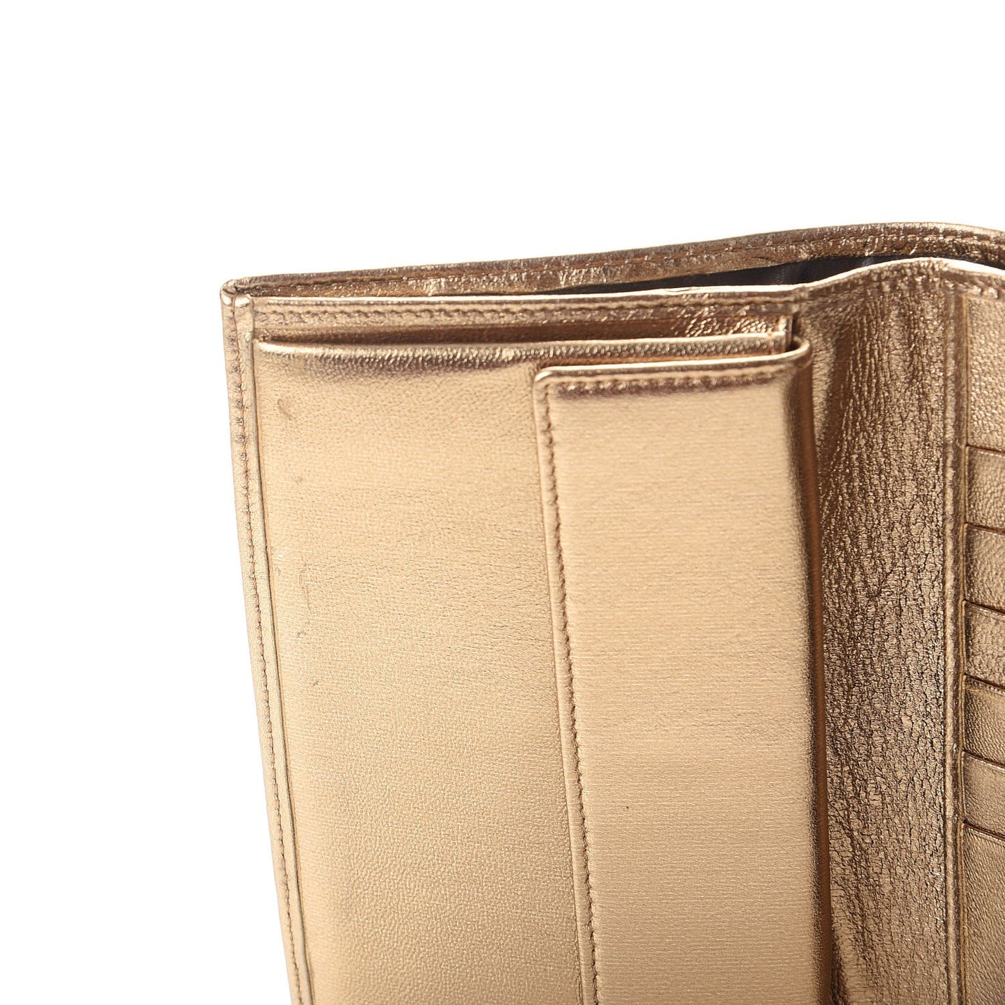 Metallic Lambskin Logo Tri-Fold Flap Wallet Gold
