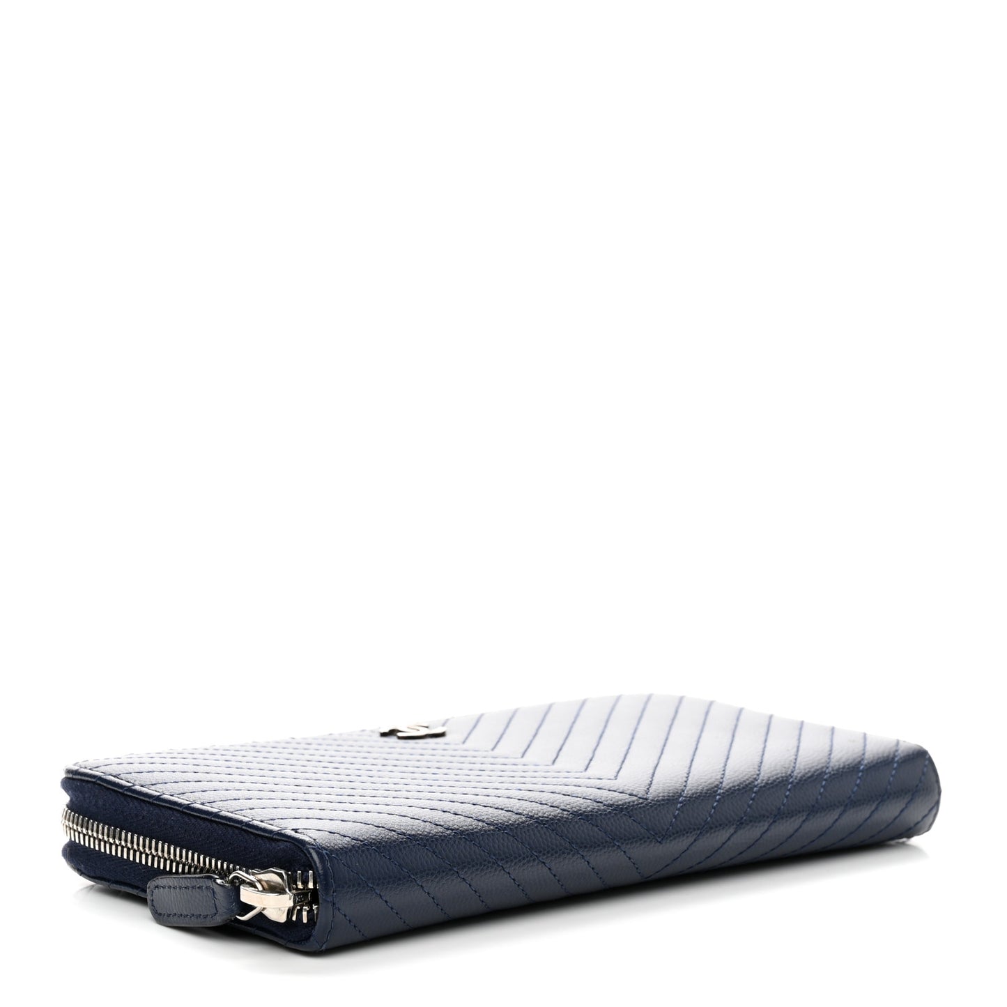Caviar Chevron Quilted Large Gusset Zip Around Wallet Navy