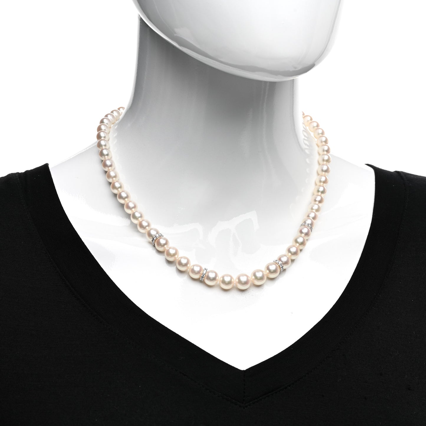 18K White Gold Diamond Akoya Pearl 7-9mm Graduated Strand Rondelle Necklace