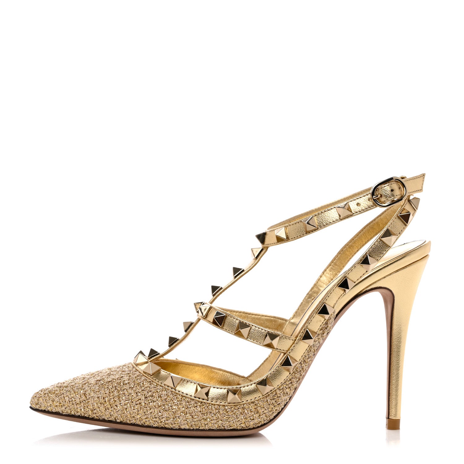 Valentino Garavani Boucle Raffia Metallic Calfskin Rockstud Ankle Strap 100mm Pumps 35 Gold Mekong 1 of 9