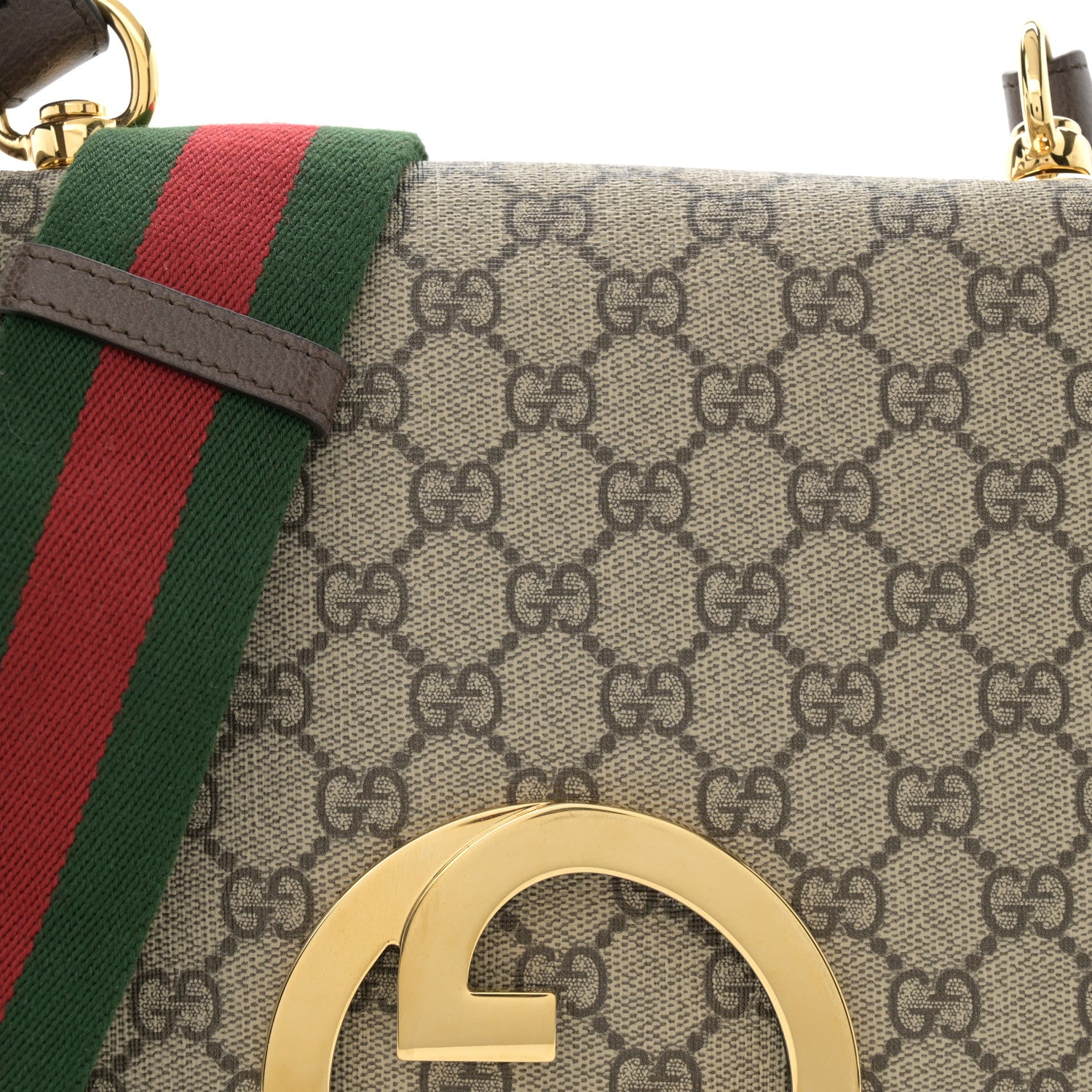 Gucci GG Supreme Monogram Textured Dollar Calfskin Web Medium Blondie Top Handle Shoulder Flap Bag Beige Ebony New Acero 8 of 11